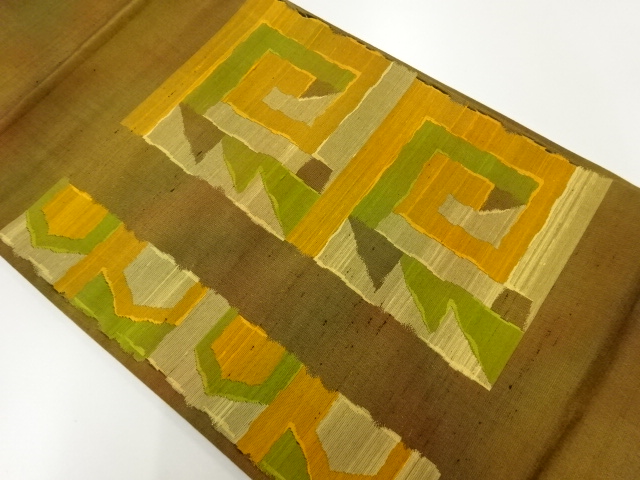 リサイクル　手織り紬幾何学模様織出し開き名古屋帯（額縁仕立て）